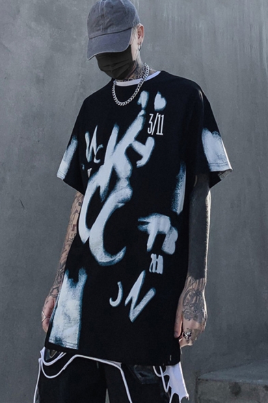 Chic Mens Graffiti Letter Pattern Half Sleeves Crew Neck Oversize Tee Top in Black