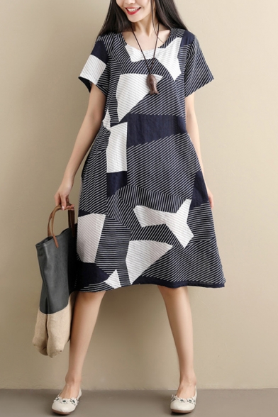 Classic Vintage Ladies Short Sleeve Round Neck Stripe Print Color Block Linen and Cotton Mid Oversize Dress