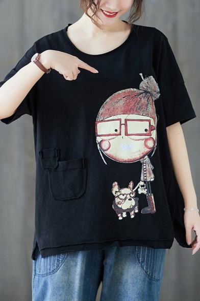 Cute Fashion Girls Short Sleeve Round Neck Cartoon Girl Print Patched Pockets Slit Linen and Cotton Loose Tee Top