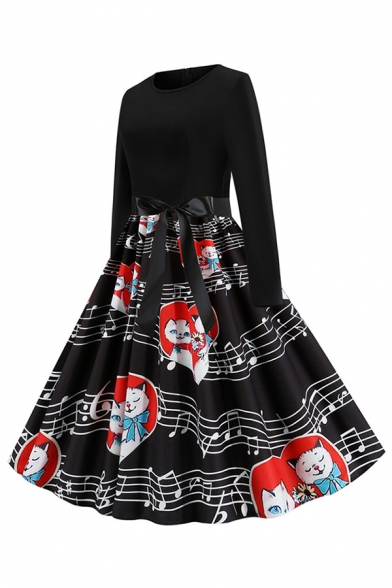 Cute Girls Cat Note Printed Panel Bow Tie Waist Long Sleeve Round Neck Mid Pleated Swing Dress in Black