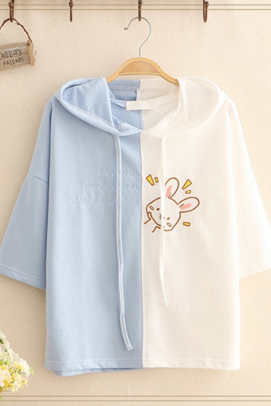 Fashionable Womens Three-Quarter Sleeve Drawstring Hooded Japanese Letter Rabbit Graphic Colorblocked Relaxed T Shirt