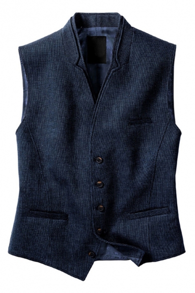 Formal Simple Mens Sleeveless Button Down Solid Color Slim Fitted Vest in Navy