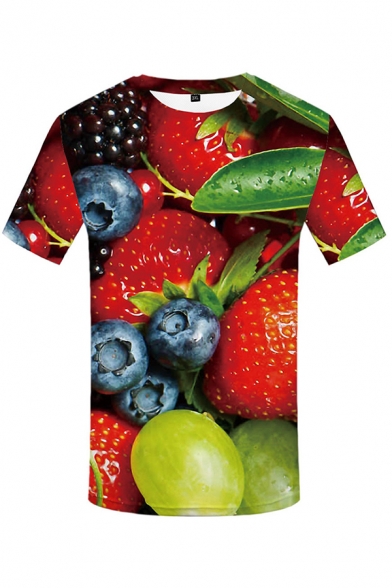 Guys Red Short Sleeve Crew Neck All Over Strawberry Grape Blueberry 3D Pattern Slim Fit Unique Tee