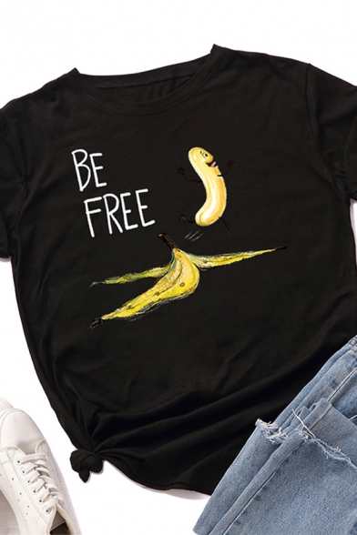 Leisure Womens Rolled Short Sleeve Crew Neck Letter BE FREE Banana Print Slim Fit Graphic T-Shirt