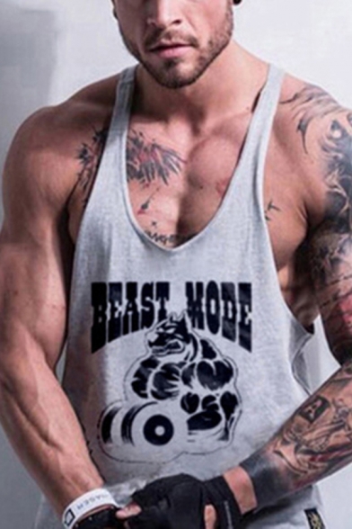 Letter BEAST MODE Printed Sleeveless Bodybuilding Fitness Low Cut Armholes Sexy Men's Muscle Tank Tops