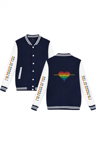 Popular Guys Long Sleeve Button Up Letter I'M PROUD OF YOU Striped Heart Graphic Colorblock Loose Baseball Jacket