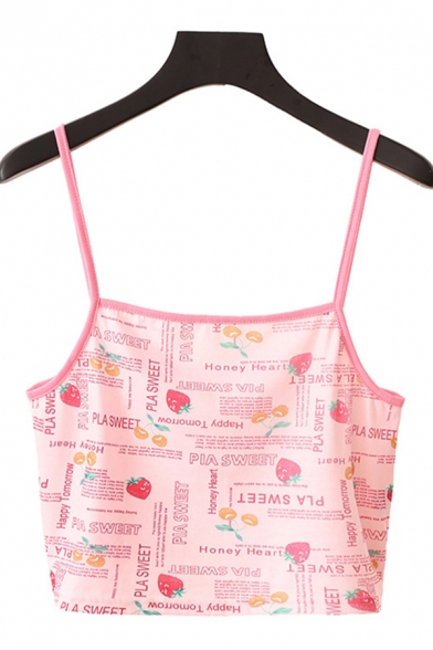 Pretty Sexy Girls Sleeveless Letter PIA SWEET Strawberry All Over Graphic Fitted Crop Cami Top in Pink