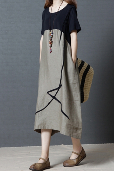Trendy Retro Womens Short Sleeve Round Neck Stripe Print Color Block Linen and Cotton Maxi Oversize Dress