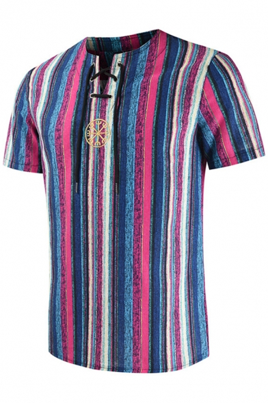 Ethnic Guys Short Sleeve V-Neck Lace Up Front Embroidered Colorful Stripe Print Linen Relaxed Fit T-Shirt in Blue