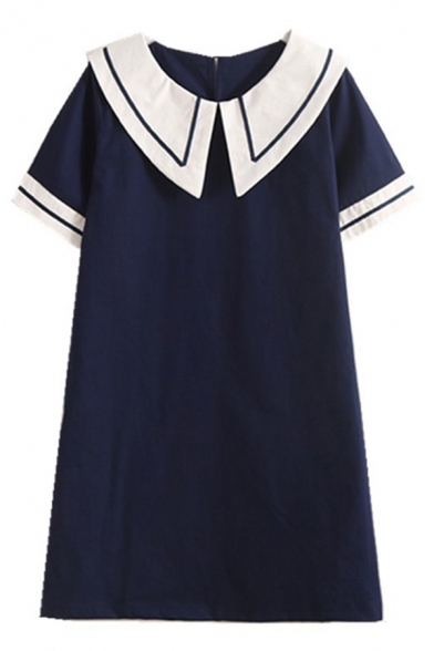 Fashion Womens Short Sleeve Sailor Collar Contrast Piped Linen Midi A-Line Dress in Navy