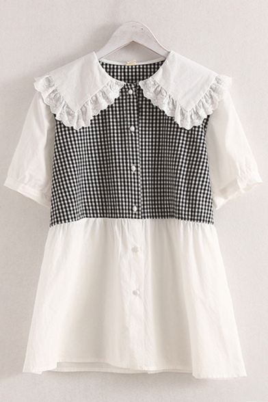 Fashionable Girls Short Sleeve Peter Pan Collar Button Up Plaid Print Patched Lace Trim Blouse Top