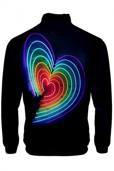 Fashionable Mens Long Sleeve Mock Neck Zipper Front Colorful Animal Heart Gender Symbol Printed Regular Fit Sweatshirt in Black