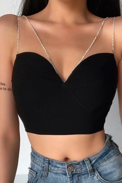 Hot Girls Sleeveless Strappy Rhinestone Zipper Back Fit Crop Cami Top in Black