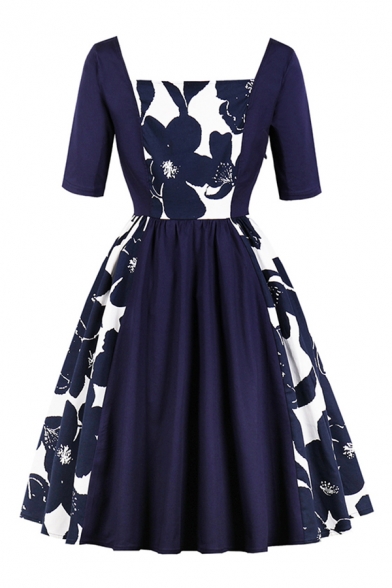 

Ladies Navy Flower Printed Patched Half Sleeves Squared Neck Fancy Mid Pleated Swing Dress, LM621868