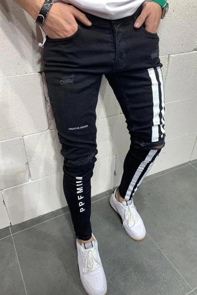 Streetwear Boys Letter Print Striped Ripped Mid Rise Ankle-length Pencil Jeans
