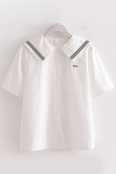 White Fish Stripe Embroidery Short Sleeve Sailor Collar Button up Loose Fit Shirt for Preppy Girls