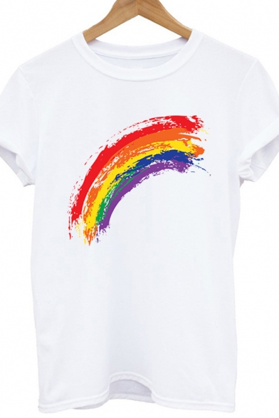 Basic Womens Rainbow Printed Rolled Short Sleeve Crew Neck Regular Fit T Shirt in White
