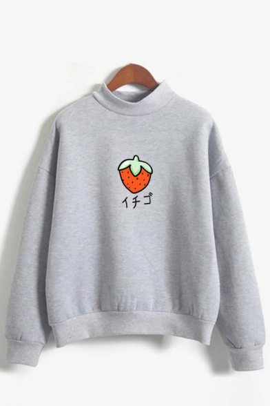 Chic Girls Japanese Letter Strawberry Graphic Long Sleeve Mock Neck Loose Pullover Sweatshirt