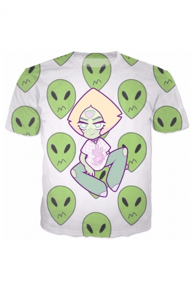 Chic Mens Allover Alien Cartoon Printed Short Sleeve Crew Neck Regular Fitted T Shirt in White