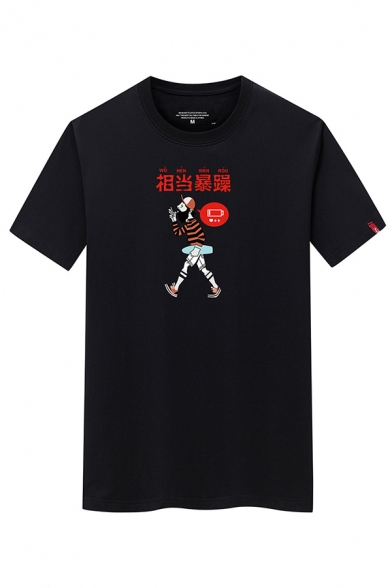 Chic Mens Chinese Letter Cartoon Graphic Short Sleeve Crew Neck Regular Fit T Shirt