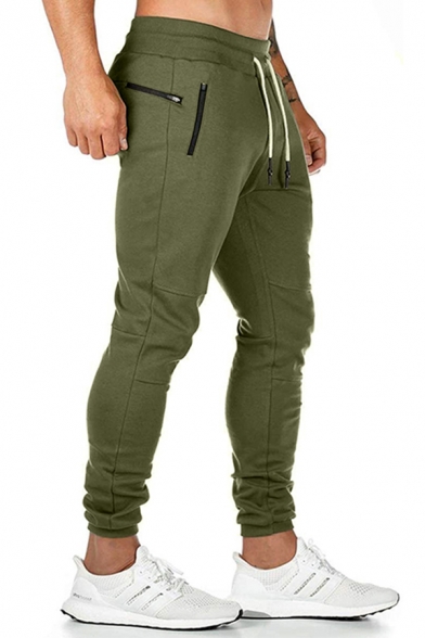 Classic Solid Color Drawstring Waist Zipper Detail Ankle Cuffed Fitted Pants for Men