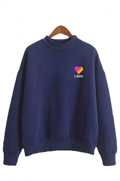 Exclusive Womens Colorful Heart Letter Likee Graphic Long Sleeve Mock Neck Loose Fit Pullover Sweatshirt