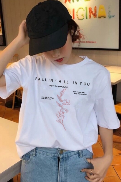 Fallin All in You Letter Floral Graphic Short Sleeves Crew-neck Relaxed Fitted White Trendy Tee