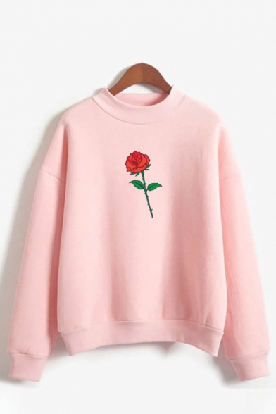 Korean Girls Rose Pattern Long Sleeve Mock Neck Loose Fit Pullover Sweatshirt