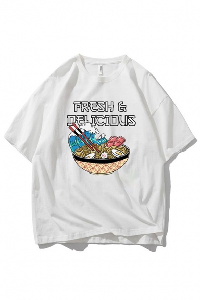 Letter Fresh Delicious Noodles Graphic Short Sleeve Crew Neck Oversize Chic Tee Top for Boys