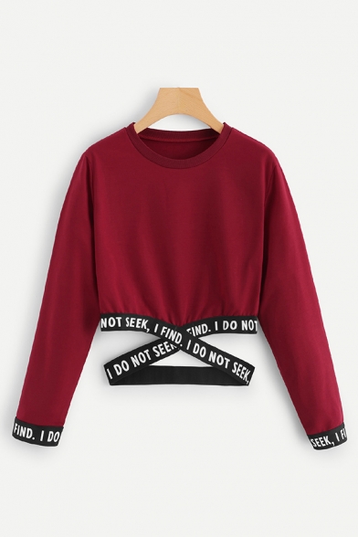 Letter I Find I Do Not Seek Printed Crisscross Tape Panel Long Sleeve Crew Neck Relaxed Crop Chic Pullover Sweatshirt For Girls Beautifulhalo Com