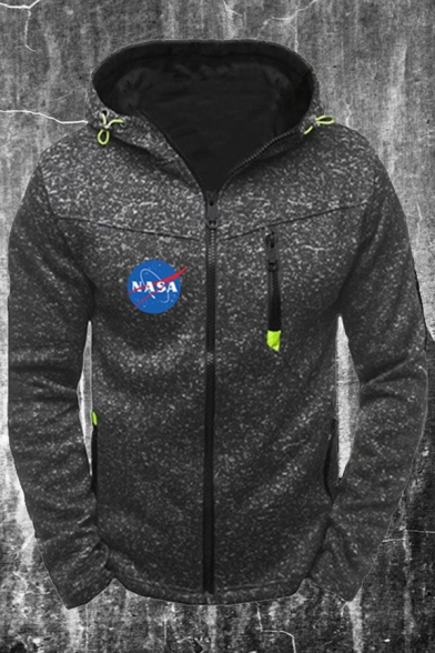 Letter Nasa Print Long Sleeve Zipper Detail Drawstring Sherpa Lined Relaxed Fit Athletic Hoodie for Guys