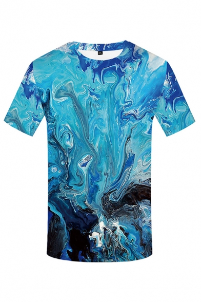 Popular Mens Abstract 3D Pattern Short Sleeve Crew Neck Slim Fit Tee Top in Blue