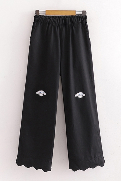 Popular Womens Cartoon Dog Embroidery Scalloped Cuffs Long Length Straight Pants