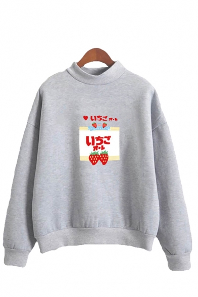 Popular Womens Japanese Letter Strawberry Graphic Long Sleeve Mock Neck Loose Fit Pullover Sweatshirt