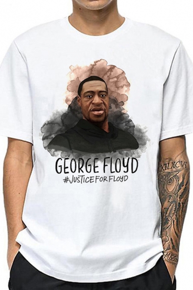 Simple Mens Letter George Floyd Graphic Short Sleeve Crew Neck Loose Fit T Shirt in White