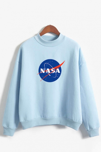 Stylish Ladies Letter Nasa Printed Long Sleeve Mock Neck Relaxed Pullover Sweatshirt