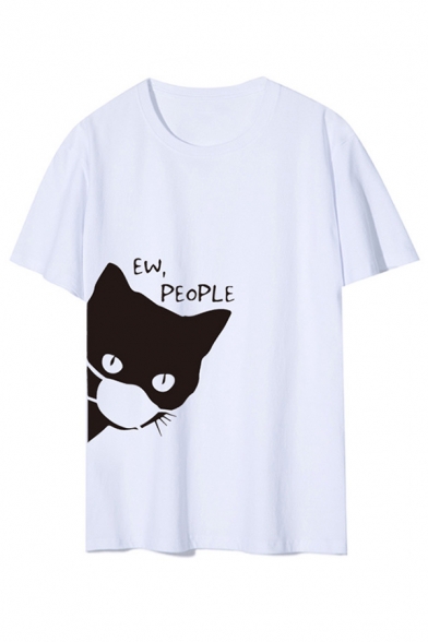 Stylish Letter Ew People Cat Graphic Short Sleeve Crew Neck Loose Fit T Shirt for Ladies