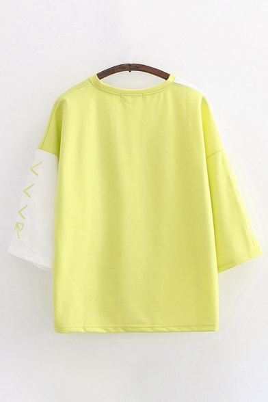 Trendy Girls Japanese Letter Banana Graphic Embroidery Colorblock Patchwork 3/4 Sleeves Crew-neck Loose Tee in Yellow
