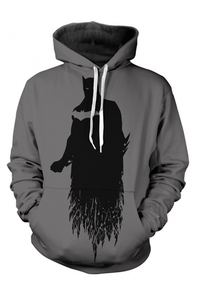 Trendy Mens 3D Cartoon Printed Long Sleeve Drawstring Kangaroo Pocket Relaxed Hoodie in Black