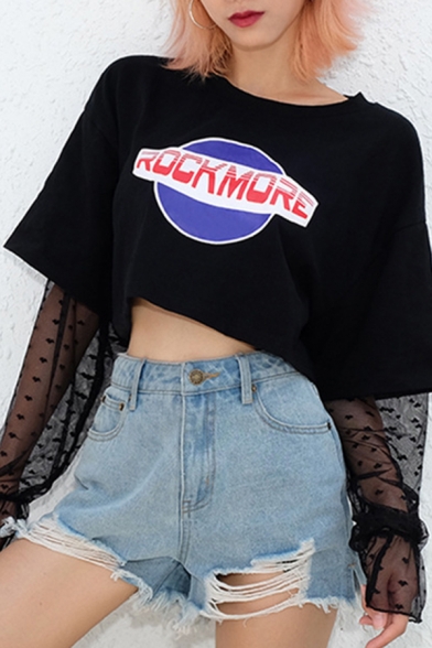 Womens Cool Letter Rock More Printed Mesh Patchwork Long Sleeve Relaxed Fit Cropped Graphic Tee Top in Black