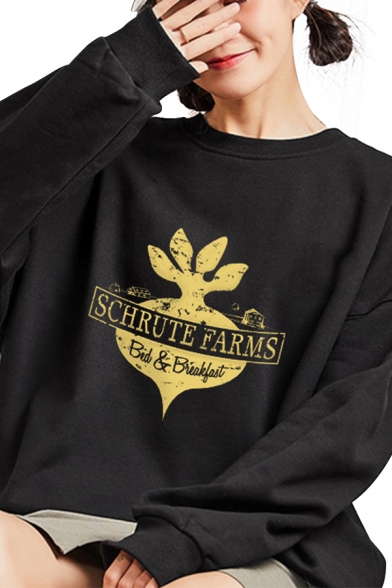Womens Sherpa Liner Letter Schrute Farms Cartoon Radish Graphic Long Sleeve Crew Neck Cool Loose Pullover Sweatshirt in Black
