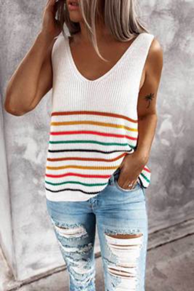 Womens Trendy Stripe Pattern V-neck Knitted Relaxed Fitted Tank Top