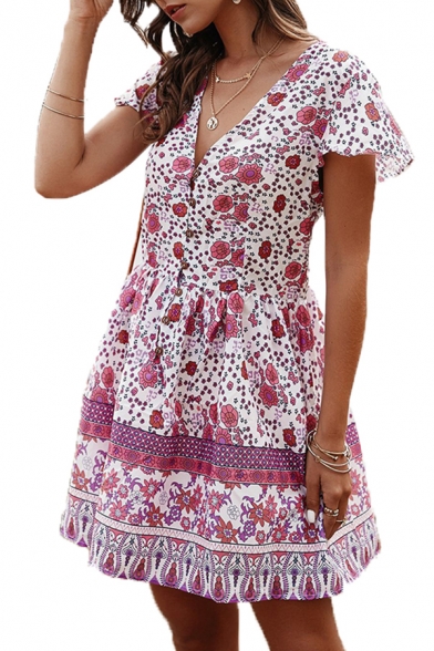 Ethnic Womens Allover Floral Printed Short Sleeve V-neck Button down Short Pleated A-line Dress
