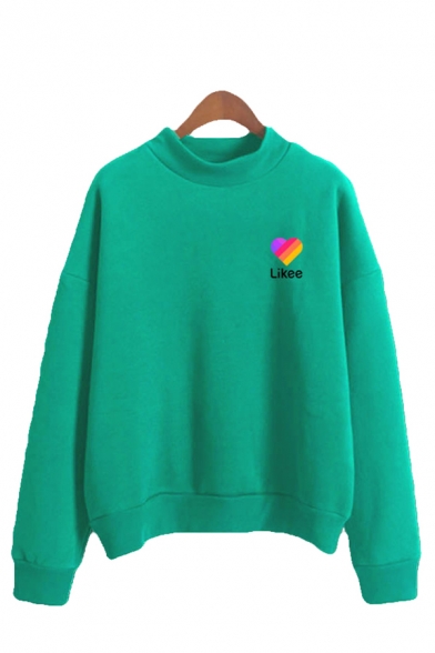 Exclusive Womens Colorful Heart Letter Likee Graphic Long Sleeve Mock Neck Loose Fit Pullover Sweatshirt