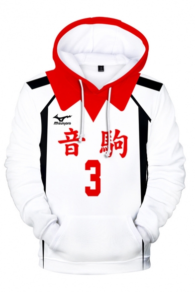 Fashionable Boys Cosplay Letter Number 3D Pattern Contrasted Long Sleeve Drawstring Loose Fitted White Hoodie with Pocket
