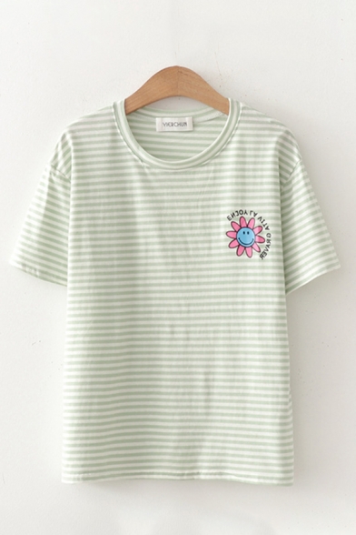 Floral Stripe Letter Graphic Short Sleeve Round Neck Relaxed Fit Fashion T Shirt for Girls