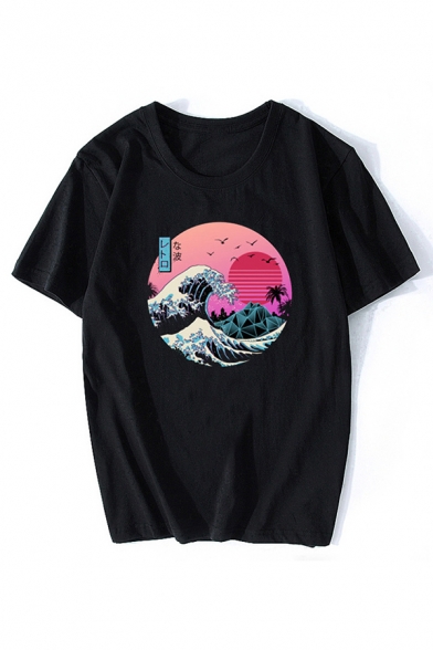 Guys Harajuku Short Sleeve Crew Neck Japanese Letter Cartoon Wave Graphic Loose T-Shirt