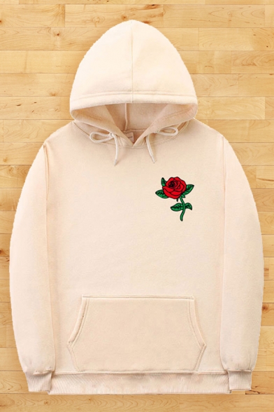 Leisure Boys Rose Printed Long Sleeve Drawsring Rose Printed Pouch Pocket Relaxed Hoodie