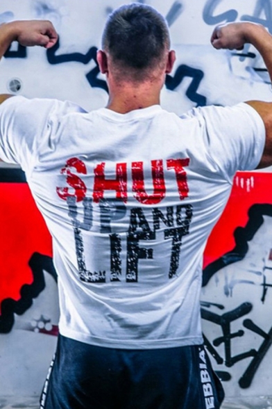 Letter Shut up And Lift Print Short Sleeve Crew Neck Regular Fit Gym T Shirt in White