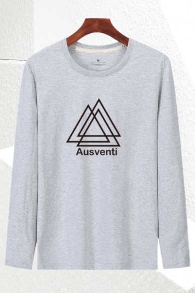 Popular Mens Letter Ausventi Triangle Graphic Long Sleeve Round Neck Loose T Shirt